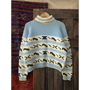 Vintage 1960s Women's Baby Blue Striped Wool Turtleneck Sweater Boxy Fit L